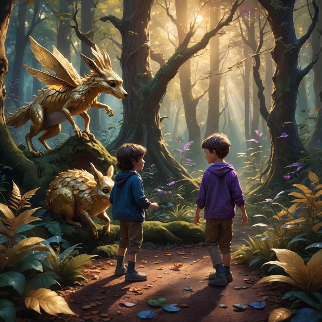 Mystical Forest Scene with Children and Creature