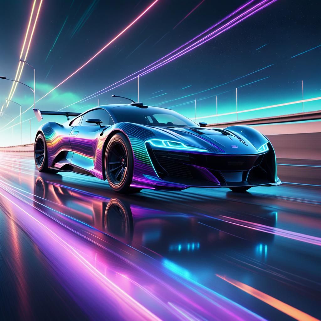 a rainbow-colored racing car as it confidently speeds down a...