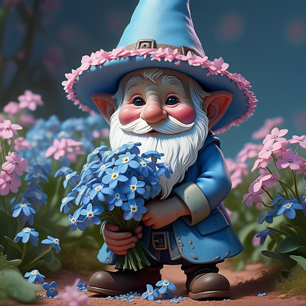 Pastel Gnome with Forget-Me-Nots: Disney Pixar Style