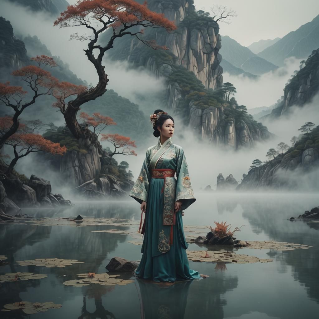 Ethereal Woman in Chinese Attire by Misty Lake