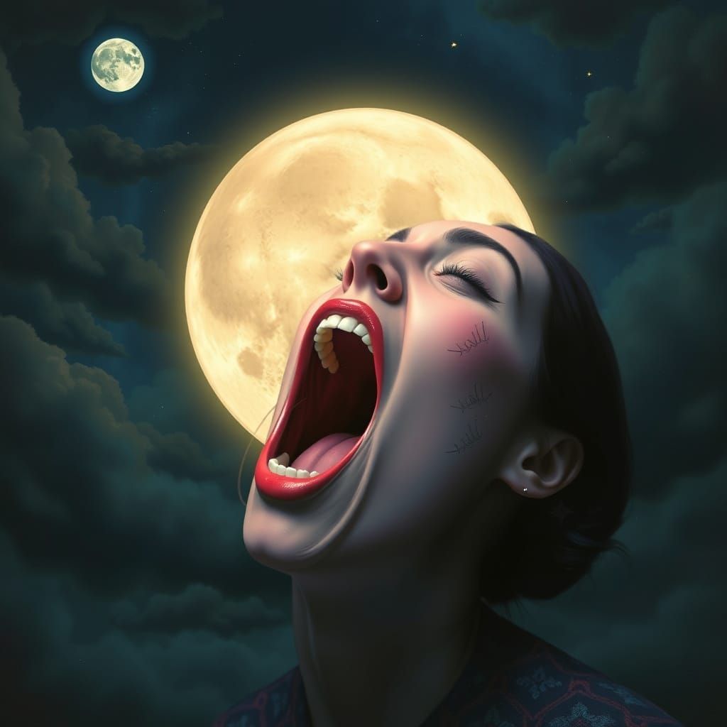 Woman Consuming the Moon in Surreal Style