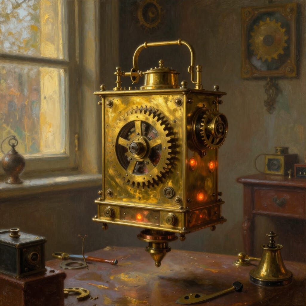 Steampunk Time Machine Levitating in Victorian Workshop