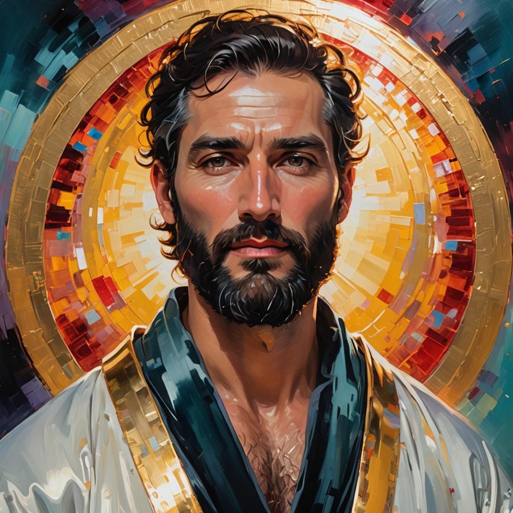 Radiant Saint in Expressionist Oil Painting with Halo