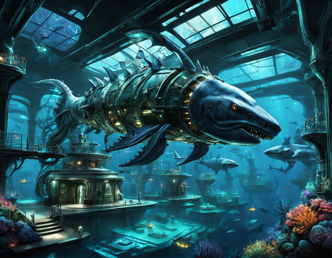 Colossal Underwater Seahorse Base with Cybernetic Sharks