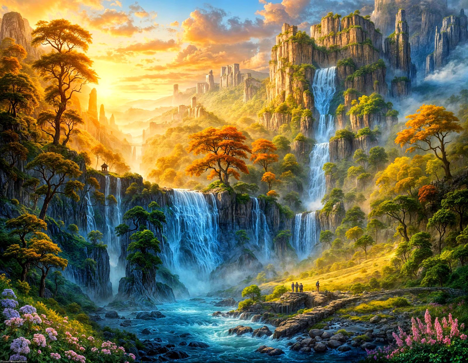 Fantasy Morning Landscape with River and Eagle