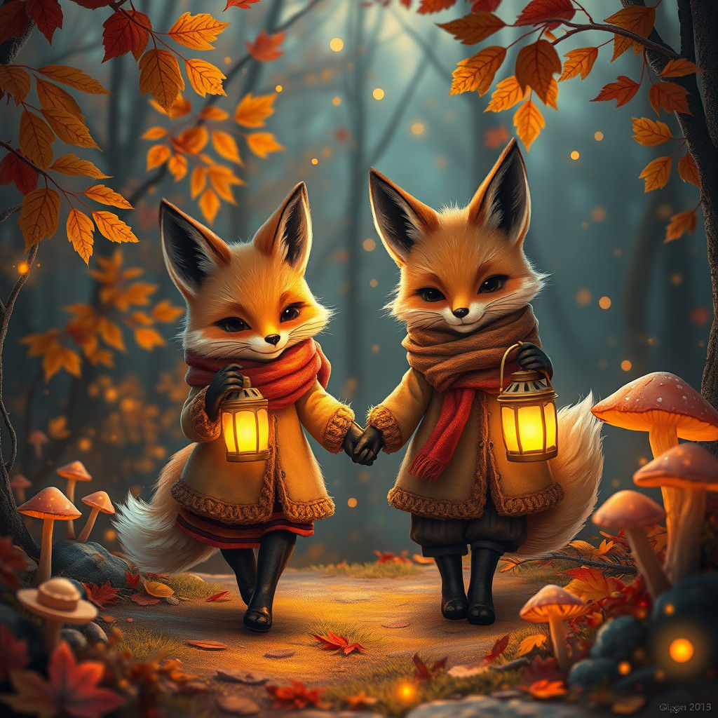 Foxes in Autumn Forest with Glowing Lanterns