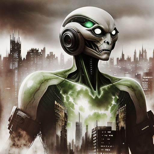 Alien Creature in Dystopian City: Double Exposure Photograph...