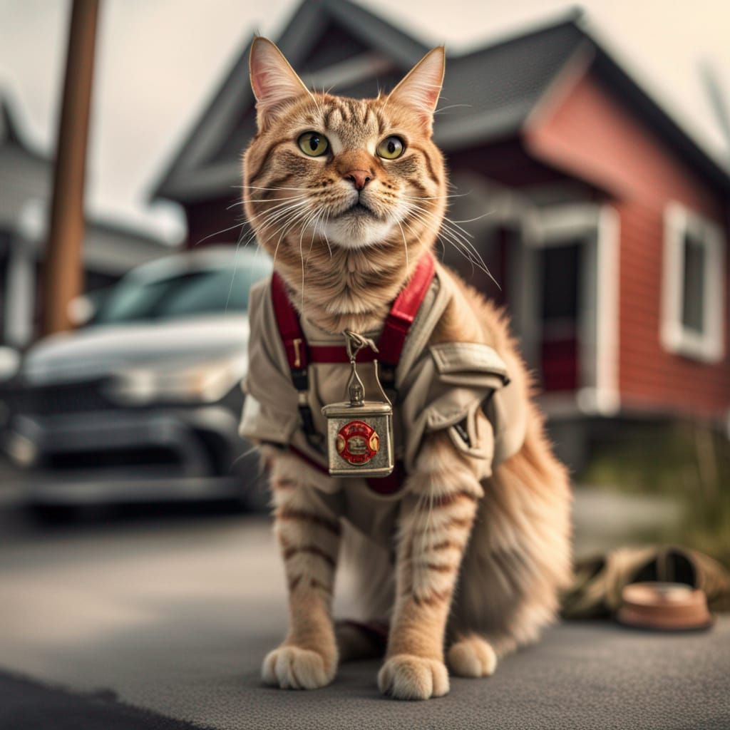 Smug Cat Firefighter in Hyperrealistic Style