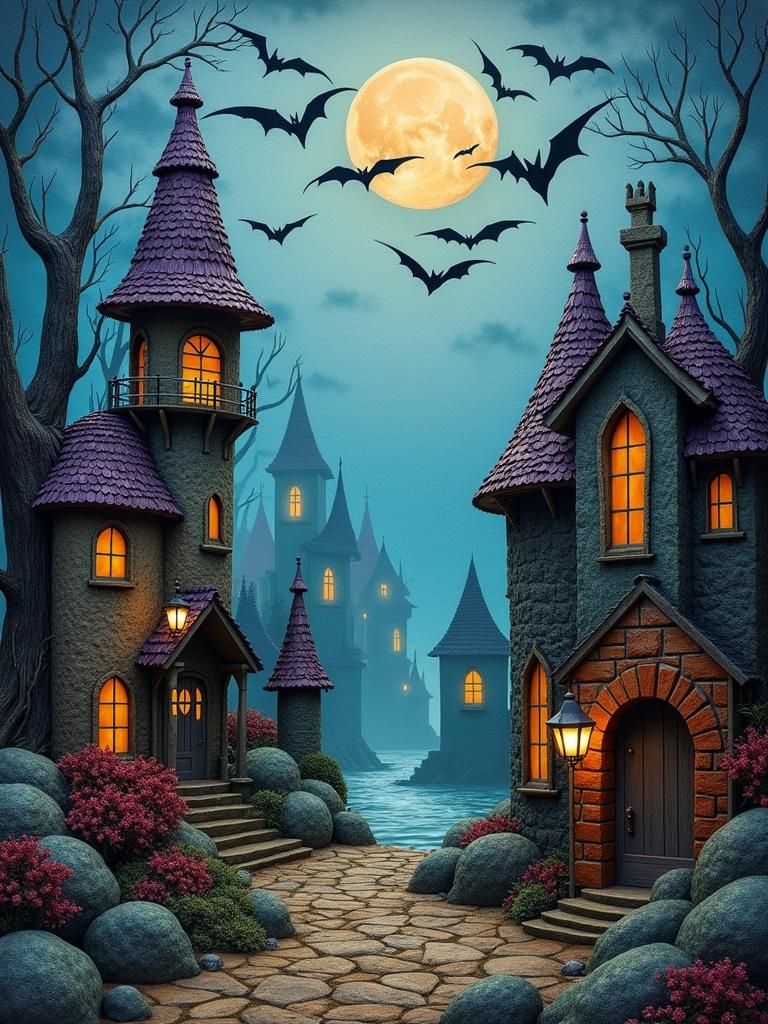 Spooky Haunted Coastal Village in Assemblage Art Style