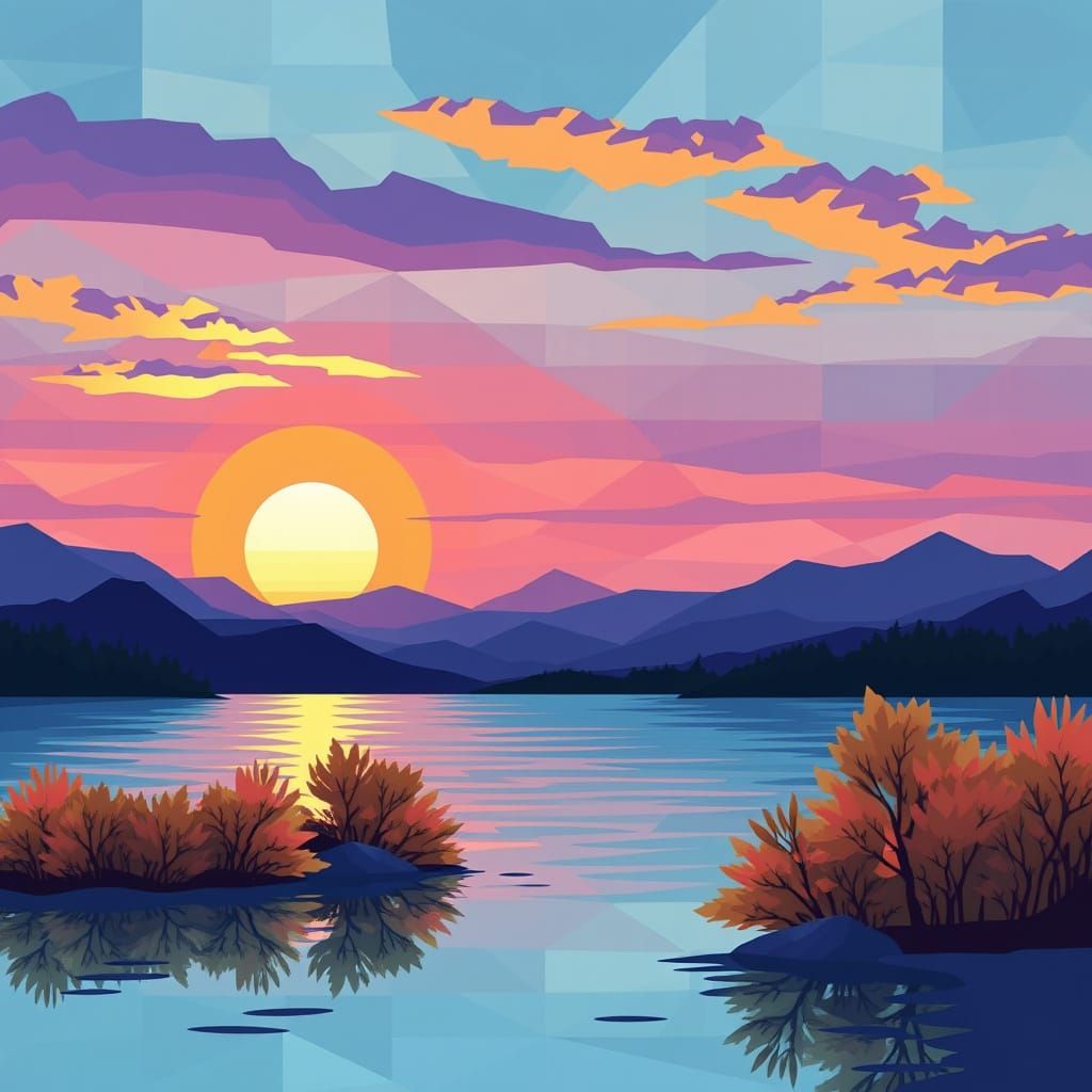Vibrant Sunset Mosaic on Lake Skyline