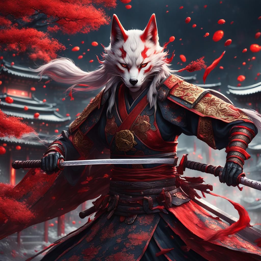 Bloody Kitsune Samurai: Detailed Fantasy Art
