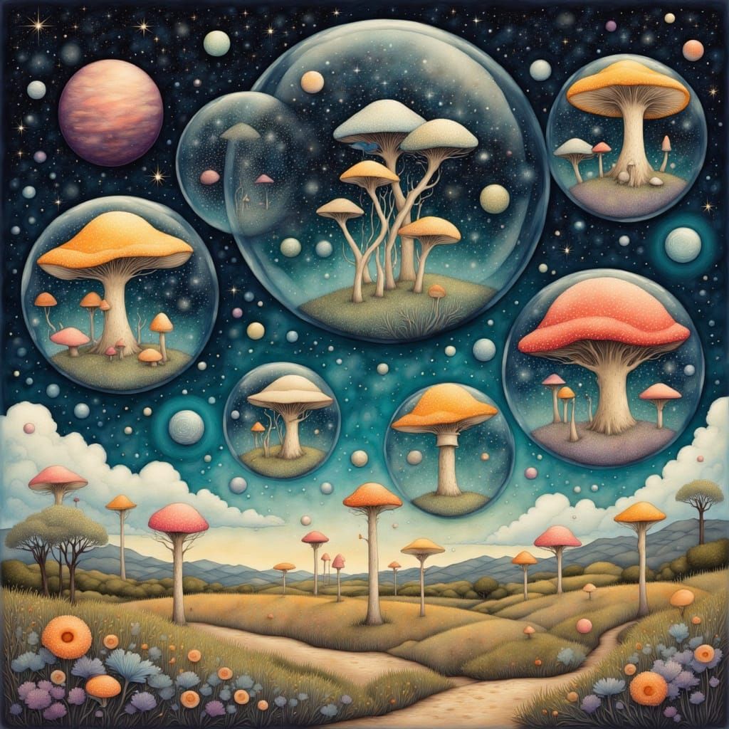 Surreal Mushroom Bubbles Floating Through Space