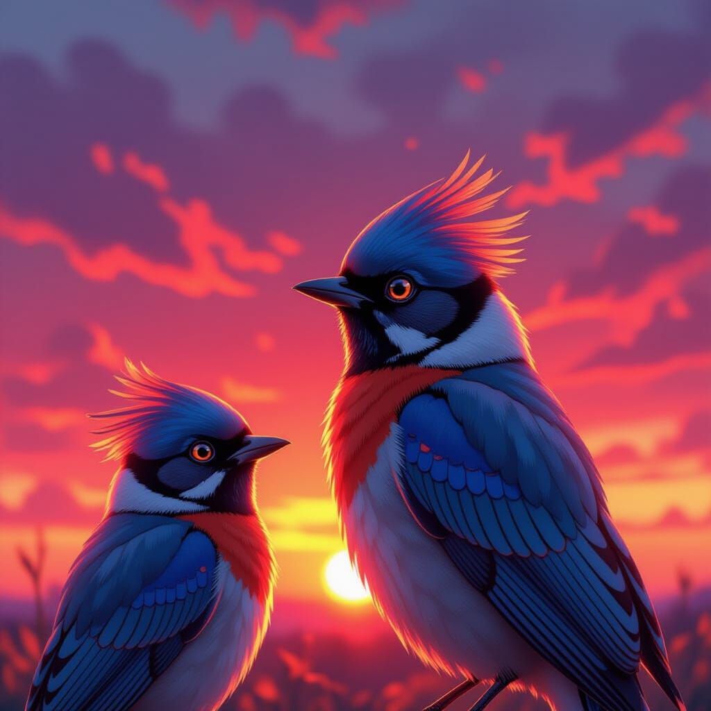 Vibrant Birds in Colorful Sky: Digital Art
