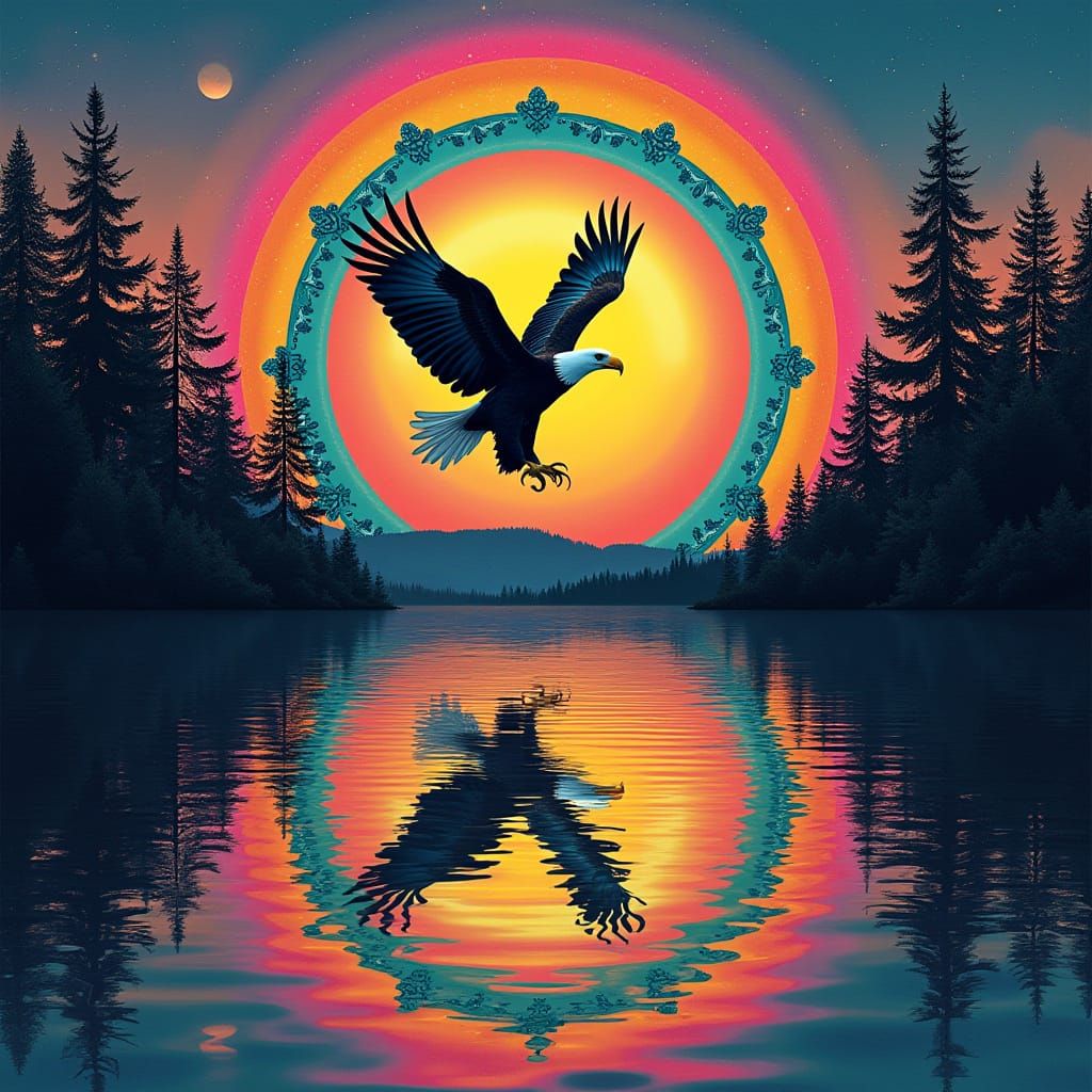 Bald Eagle in Kaleidoscopic Sunset Scene