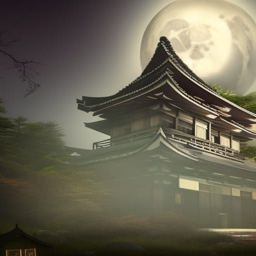 Haunted Japanese Temple Under Full Moon