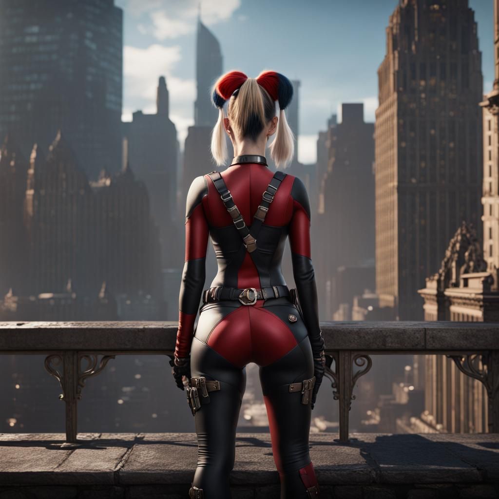 Harley Quinn Overlooking Gotham: Detailed Matte Painting