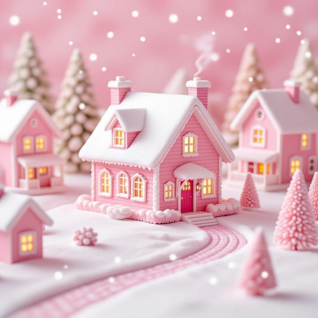Cozy Pink Christmas Village Snow Cabin in Storybook Style