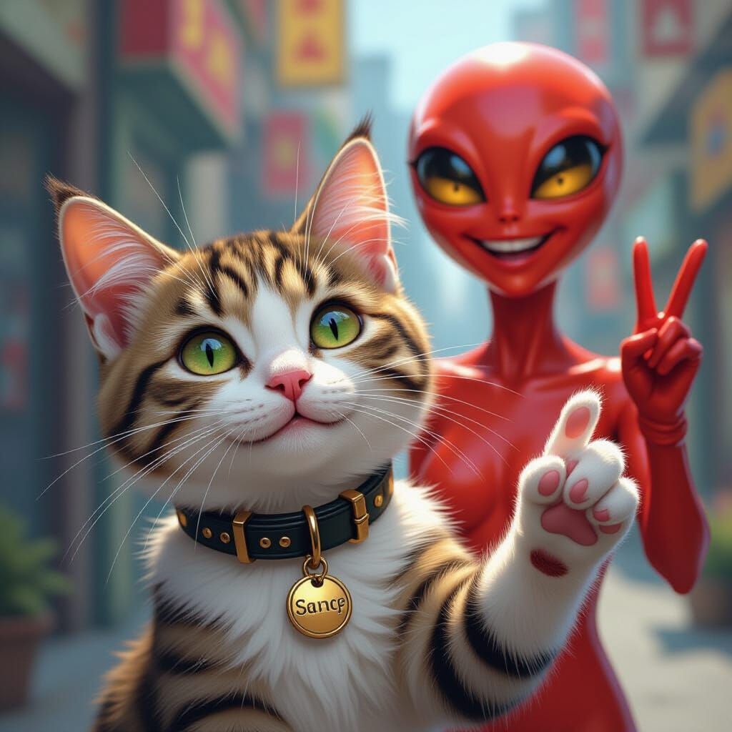 Cat Selfie with Red Alien, Photorealistic Style