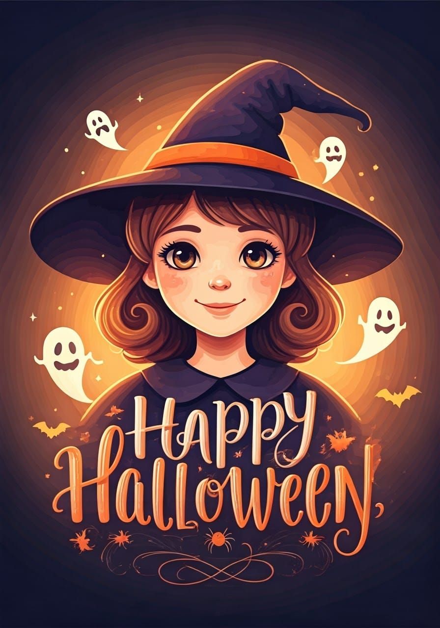 Ethereal Witch Halloween Art with Ghosts and Bats