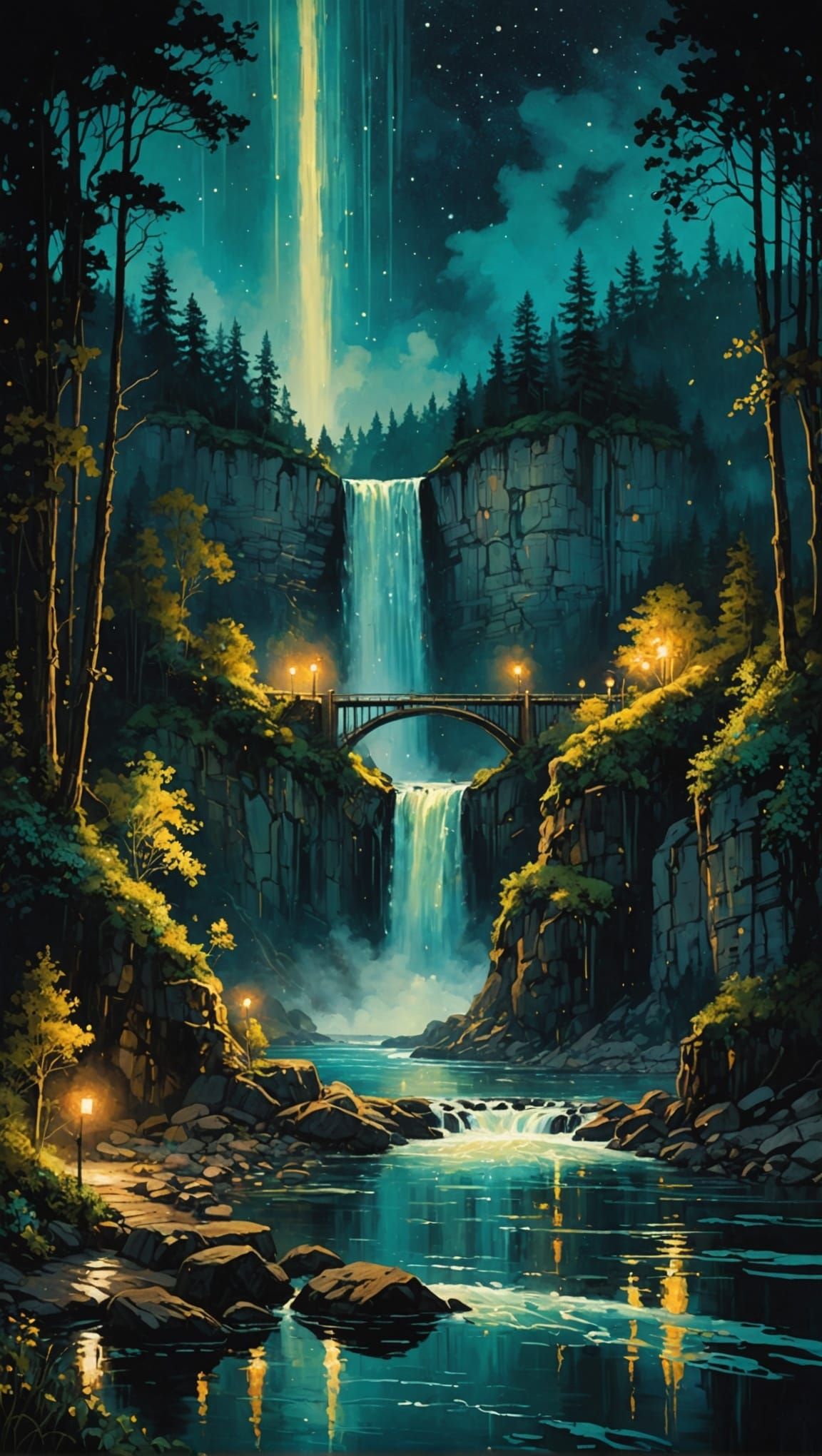 Night River Waterfall Fantasy in Alcohol Inks