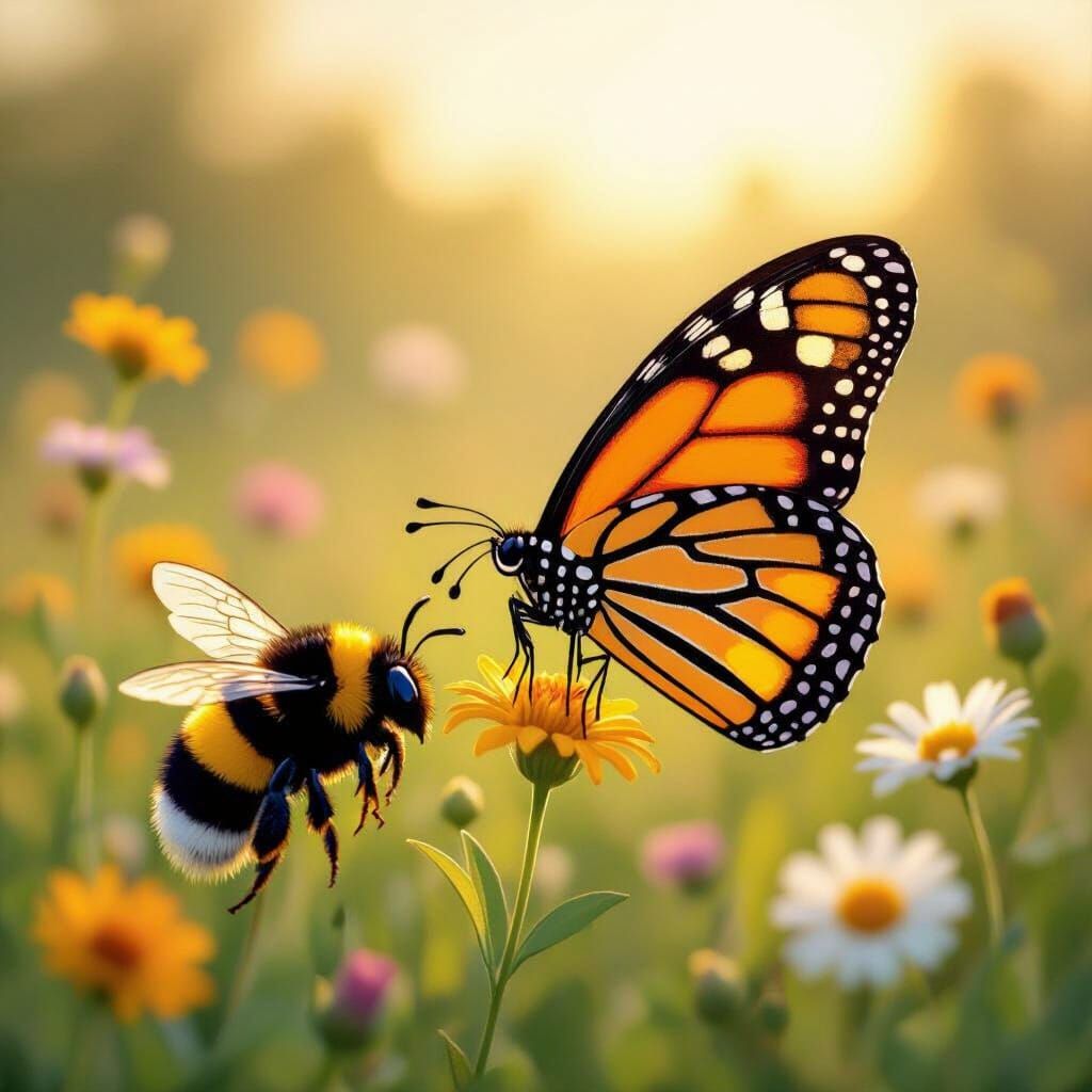 Cartoon Butterfly Meets Bumblebee in Eric Carle Style