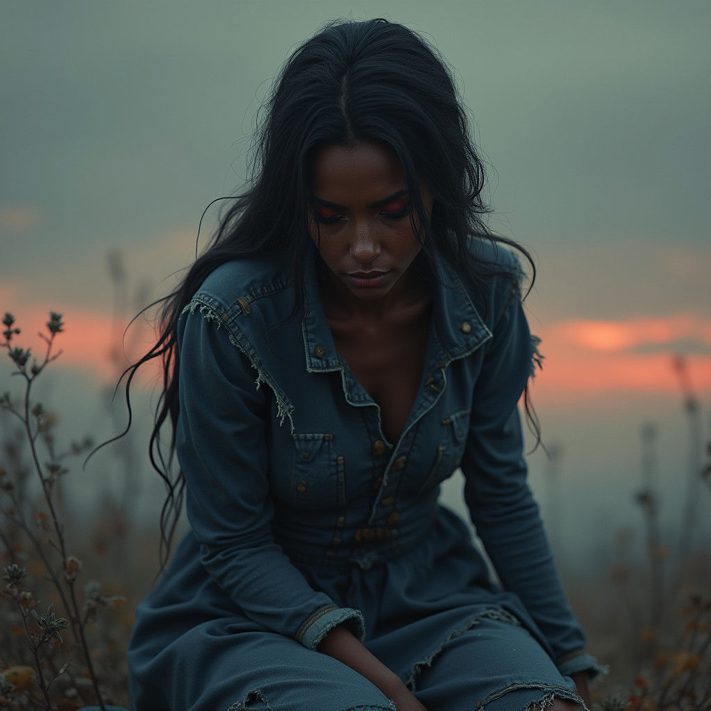 Worn Vampire Kneeling in Sorrowful Landscape