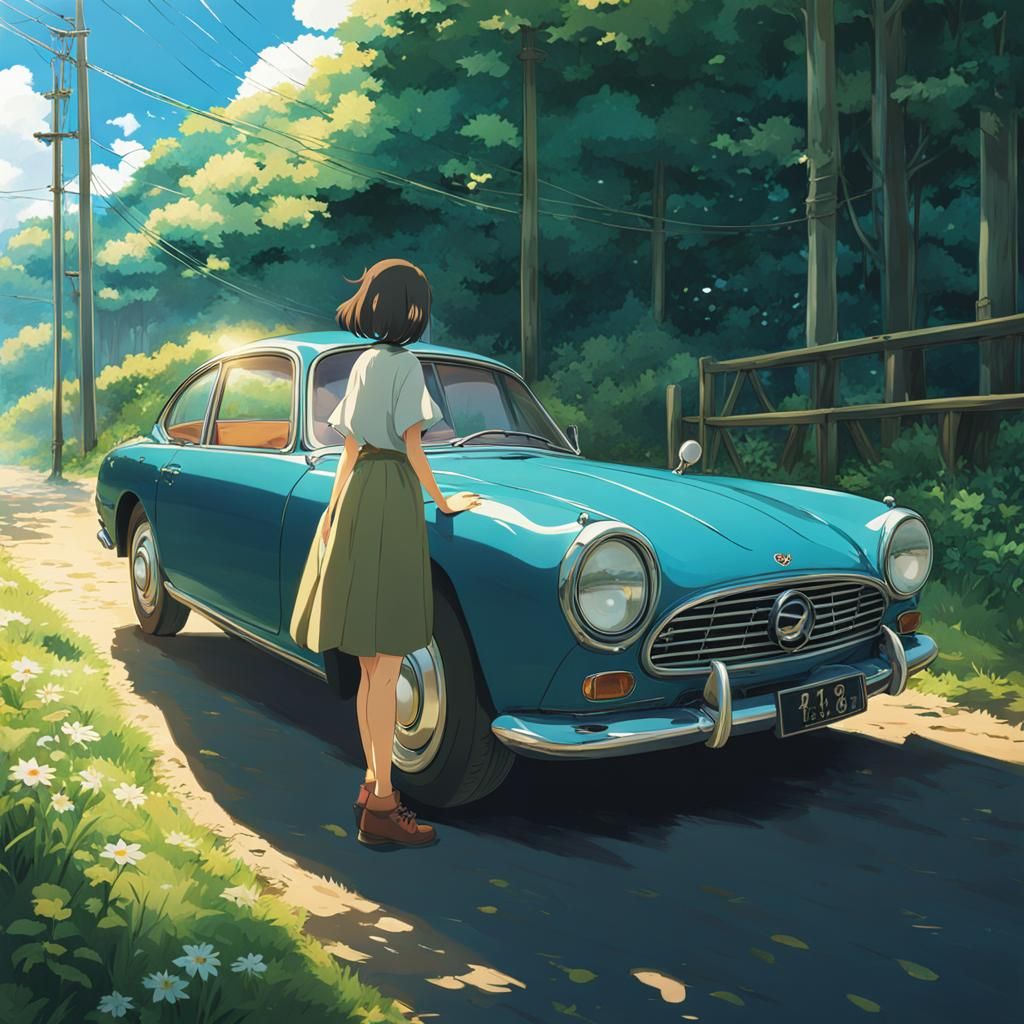 Anime Girl with Car in Ghibli Style