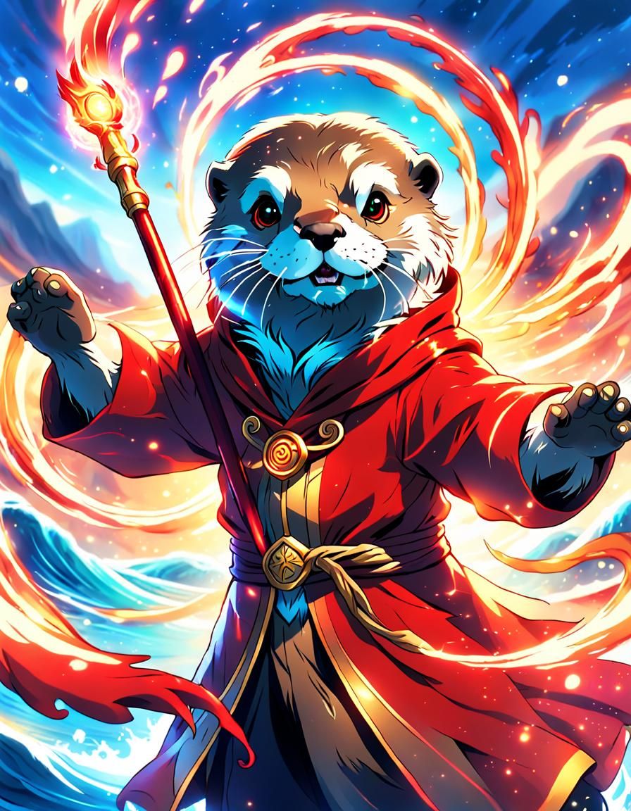Anime Otter Wizard Unleashing Red Magic