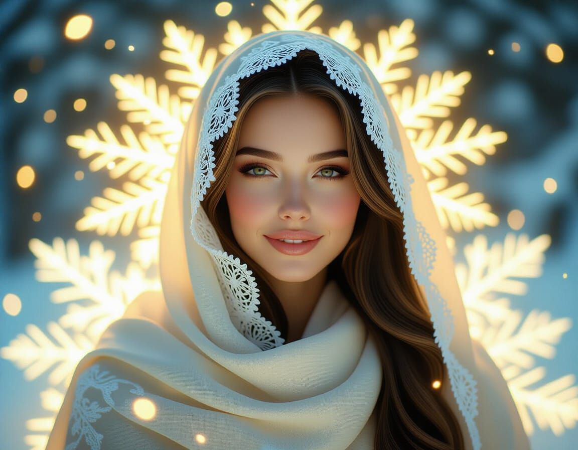 Ethereal Lady in Fractal Snowscape with Golden Light
