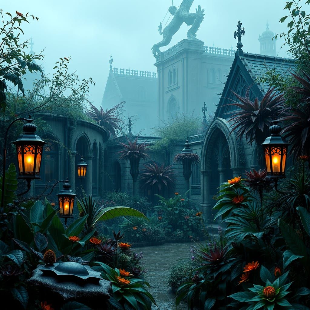 Eerie Winter Garden with Gothic Sculptures in Dreamlike Styl...