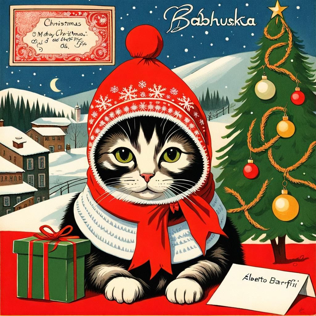 Babushka Cat Christmas Vintage Postcard