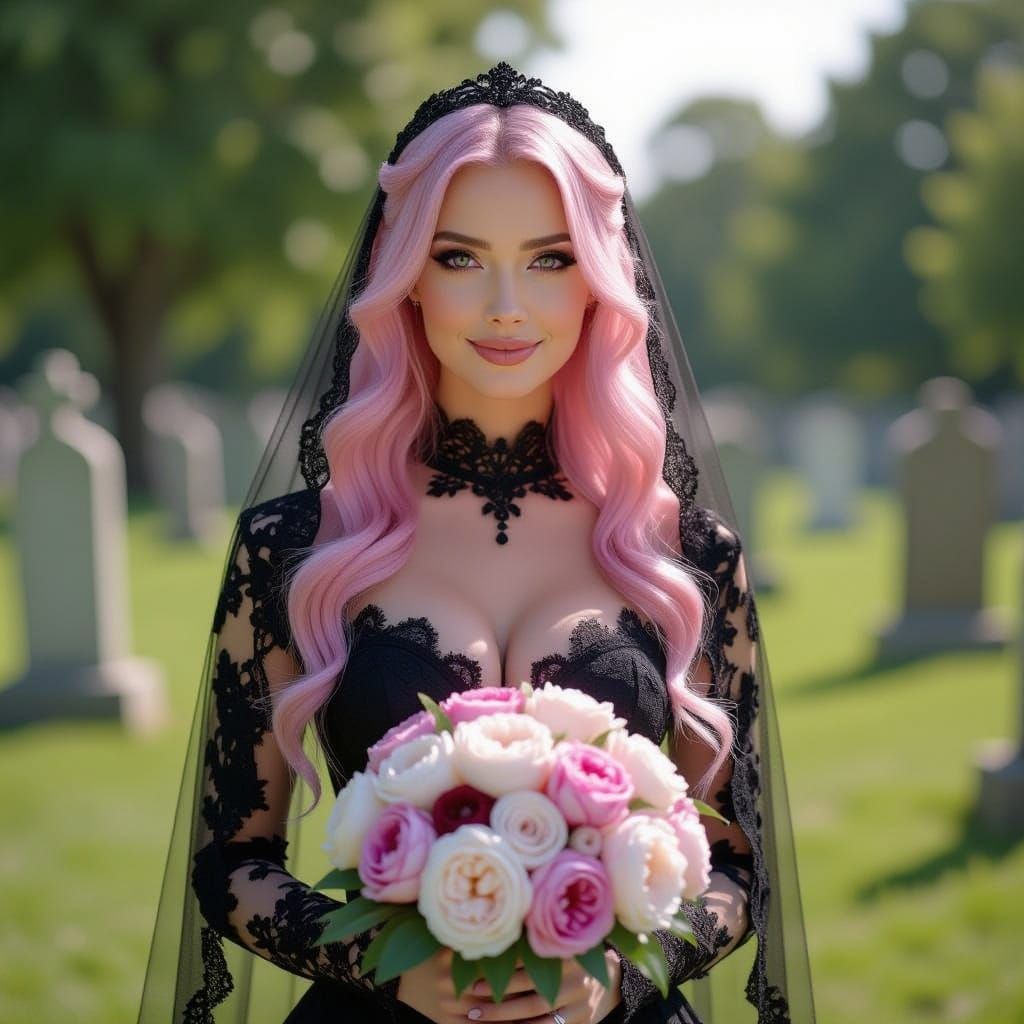 Pink Haired Bride in Lace Wedding Dress at Cemetery