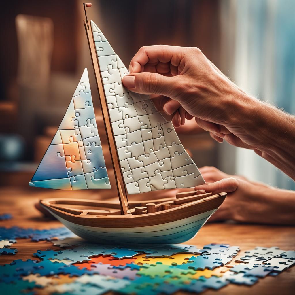Assembling a Puzzle Sailboat: Hyperrealistic Splash Art