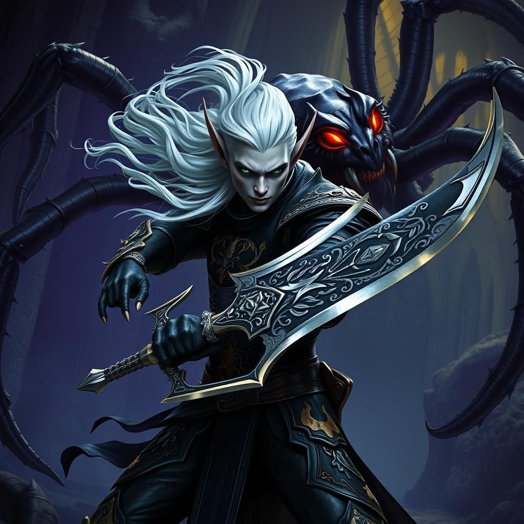 Drow Elf vs Spider Queen in Dark Cavern