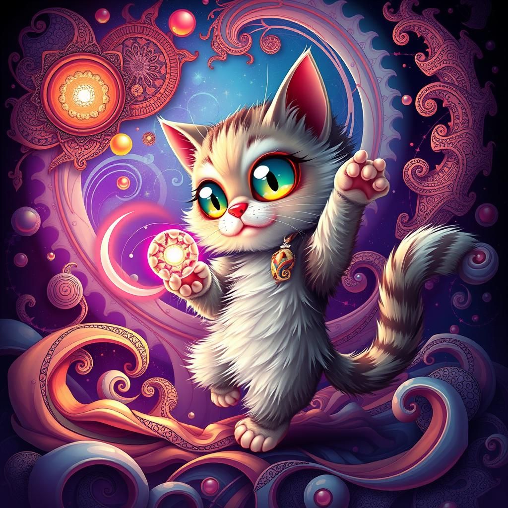 Whimsical Cat with Glowing Orb in Futuristic 3D Illustration
