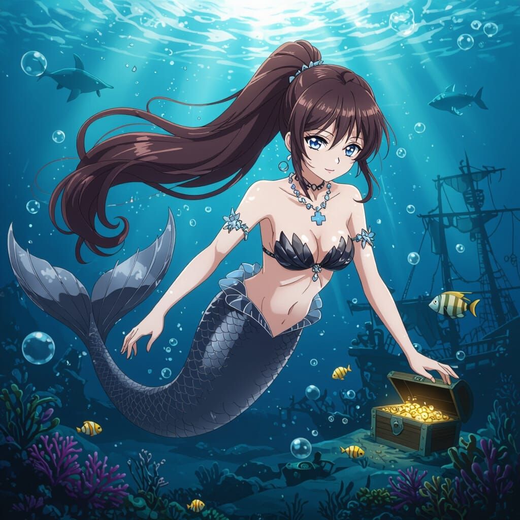 Anime Mermaid with Silver Eyes in Sunken Ship Scene