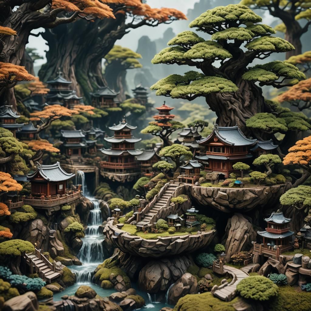 Miniature Kingdom Around Bonsai Tree: Fantasy Concept Art