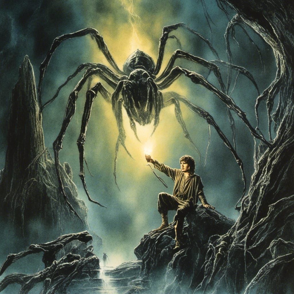 Frodo raising the Phial of Galadriel to Shelob (V1)
