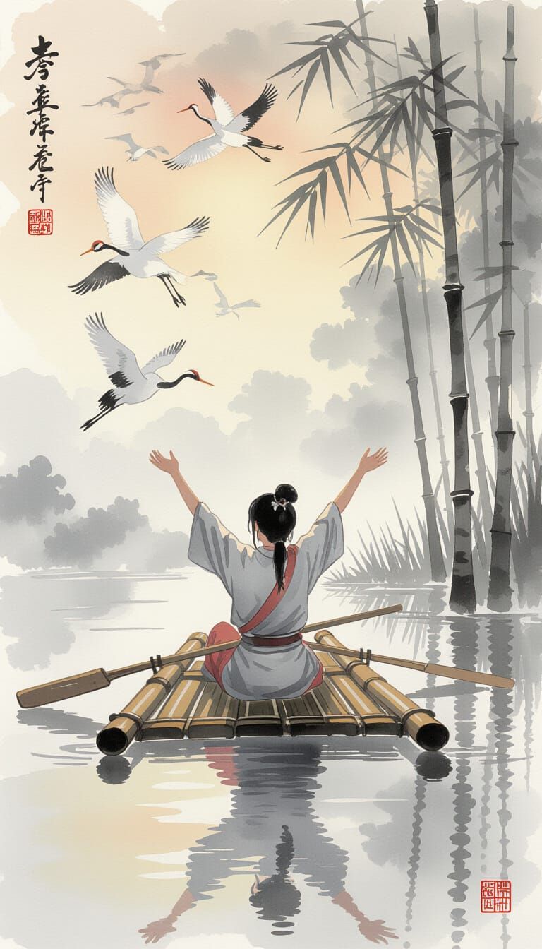 Woman and Cranes in Watercolor at Dawn