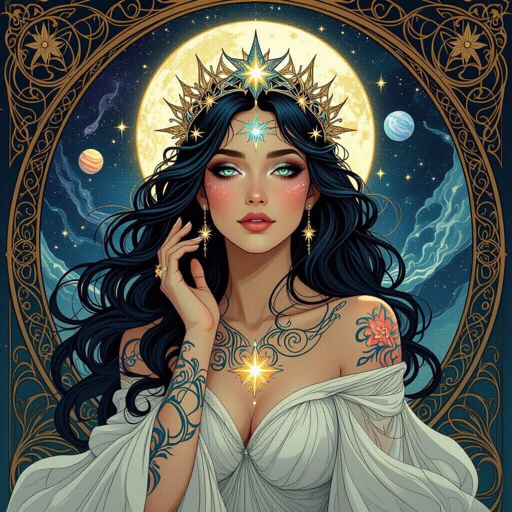 Ethereal Woman with Cosmic Tattoos in Art Nouveau Style