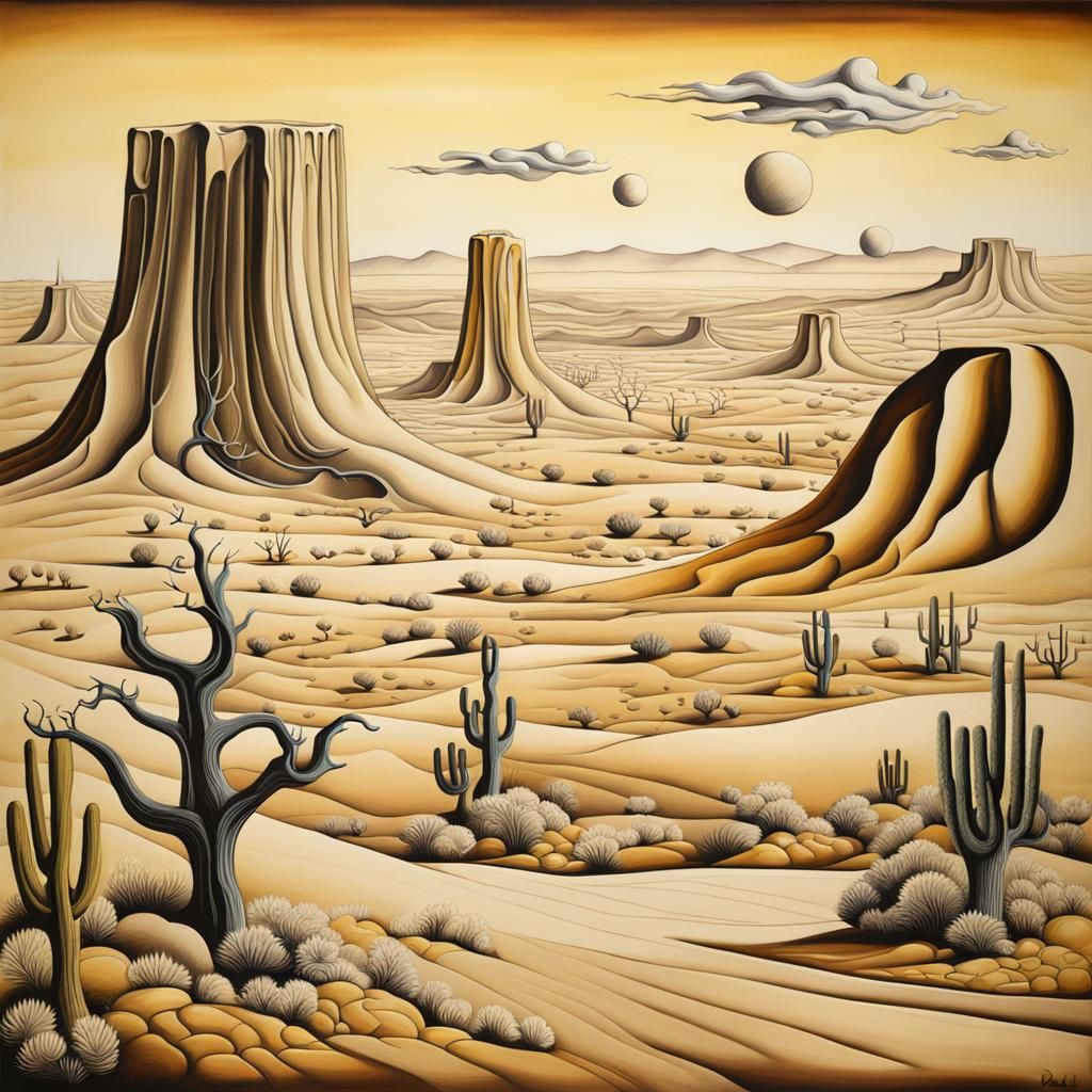 Surreal Desert Scene in Line Drawing Style