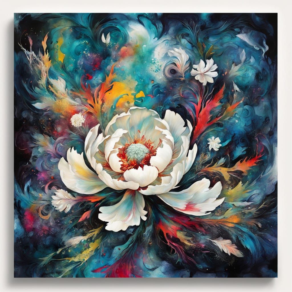 Surreal White Peonia in Hypnotic Chaos Theory Design