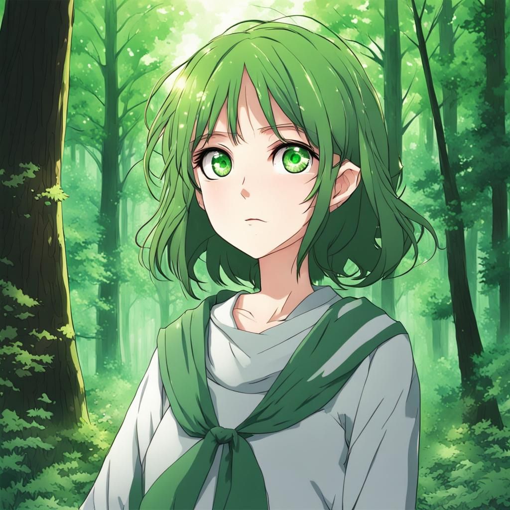 Anime Style Girl with Green Eyes in Forest