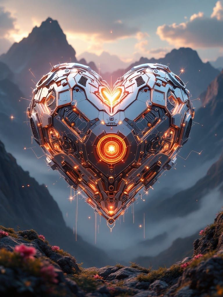 Ethereal 4D Heart in Futuristic Landscape