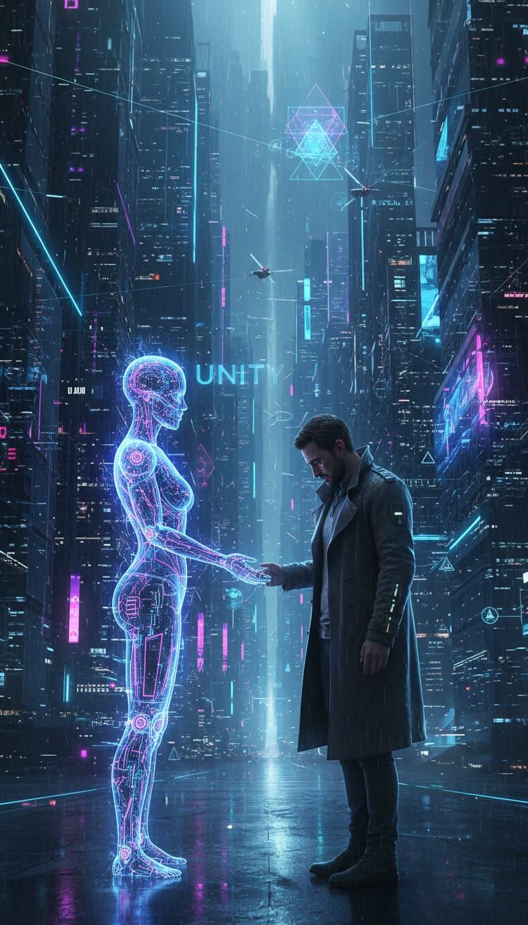 Sad Man Finds Comfort in Futuristic AI Cityscape