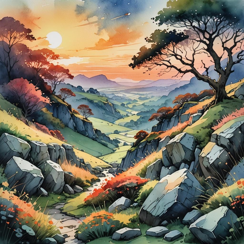 Ethereal Sunset Over Stonehenge: Watercolor Ink Painting