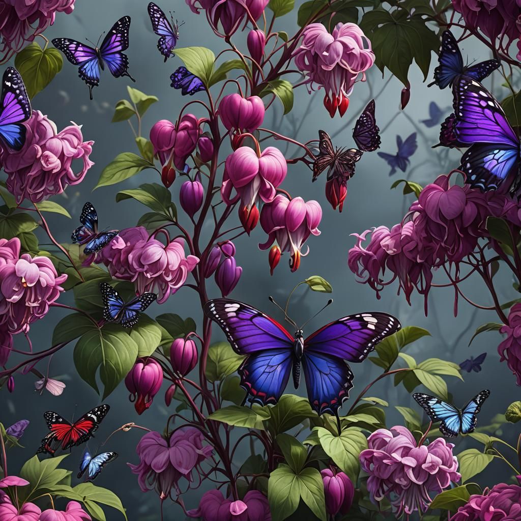 Bleeding Heart Flower with Butterfly: Fantasy Art