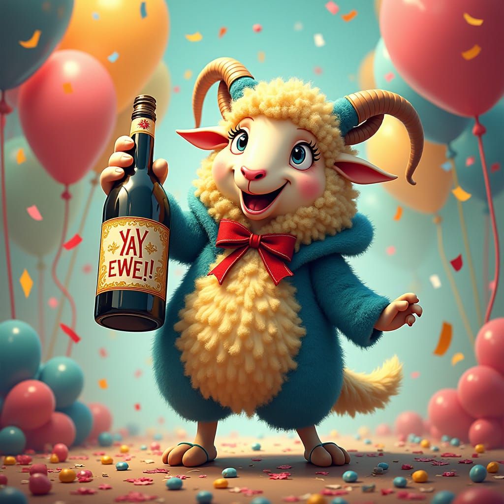 Whimsical Sheep Celebrates in Wolf Costume, Digital Art