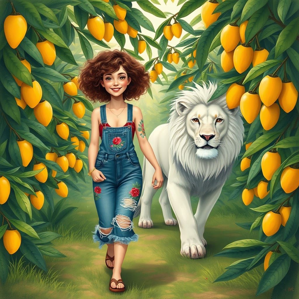 Dreamy Lady Strolls with Majestic Lion through Vibrant Mango...