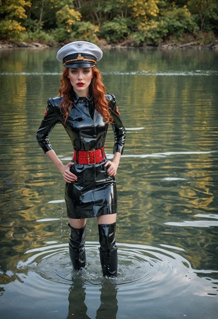 Glamorous Woman in Military Dress in Water